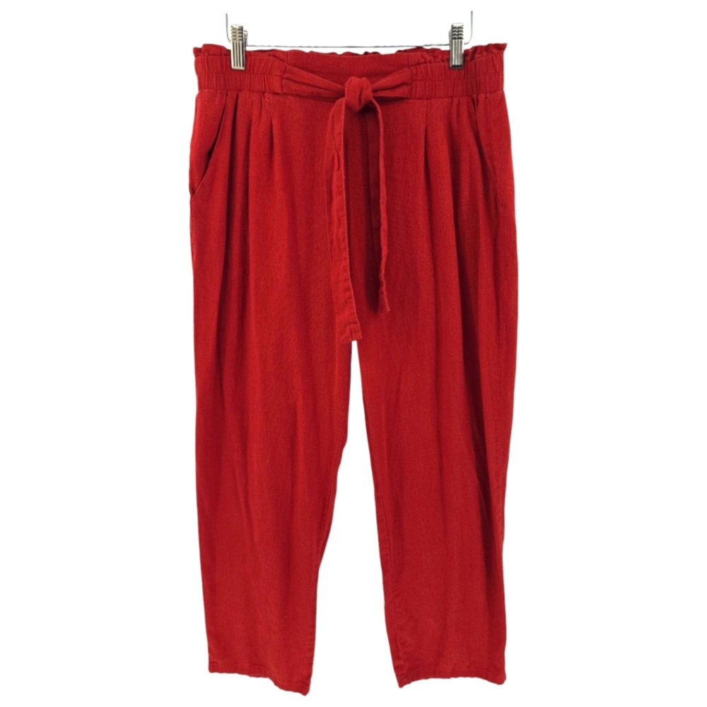 Ambiance Linen Blend Ankle Pant Large Pull On Pockets Attached Belt in Red/Rust